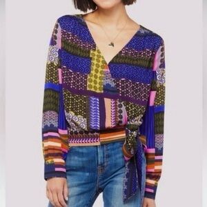 Peyton Jensen Cora Top Patchwork Tie Hem XS Boho Long Sleeve V-Neck Chic Evereve